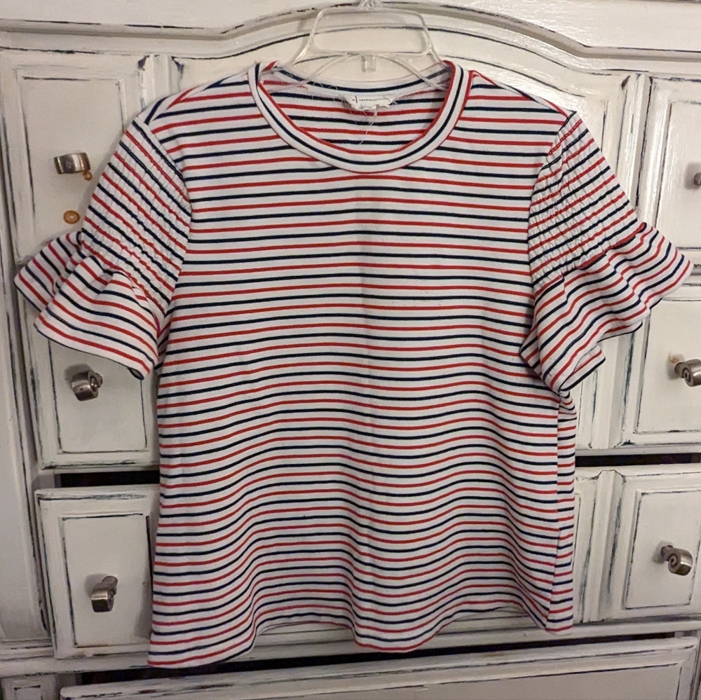 Anthropologie Trudy Red White Blue Stripe Smocked Ruffle Short Sleeve Tee M